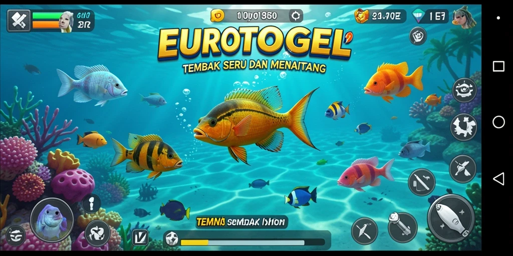Tampilan gameplay seru EUROTOGEL dengan aksi Tembak Ikan yang menarik.