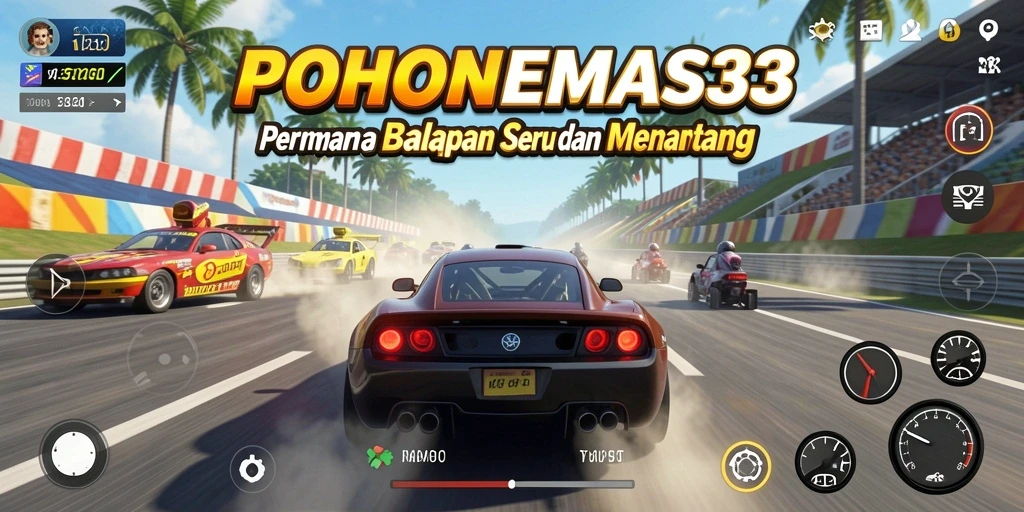 Tampilan utama gameplay POHONEMAS33 yang menampilkan balapan mendebarkan.