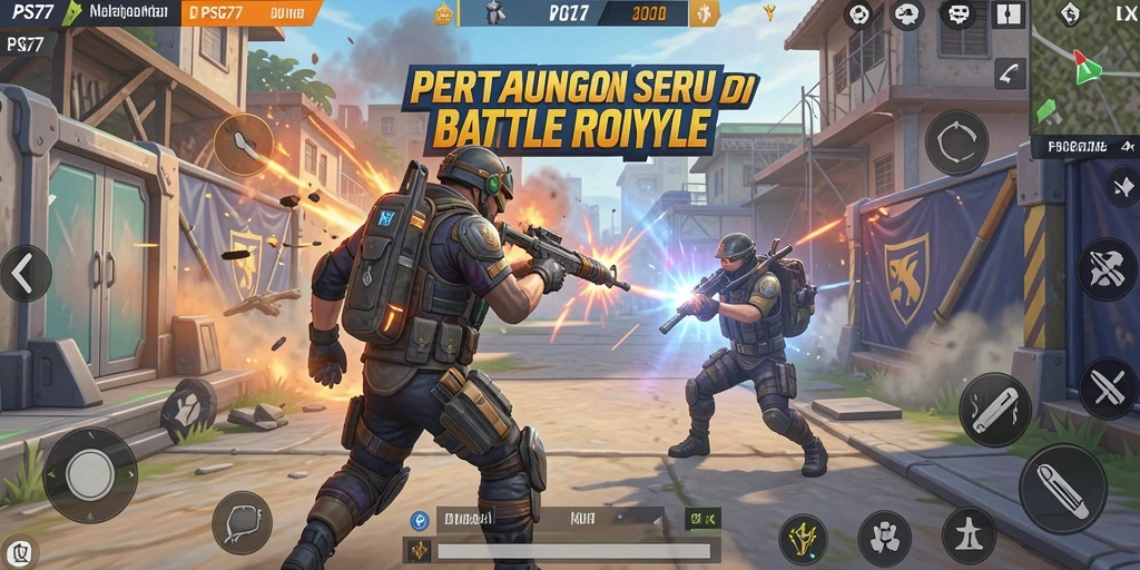 Tampilan aksi seru dalam gameplay PSG77 Battle Royale.